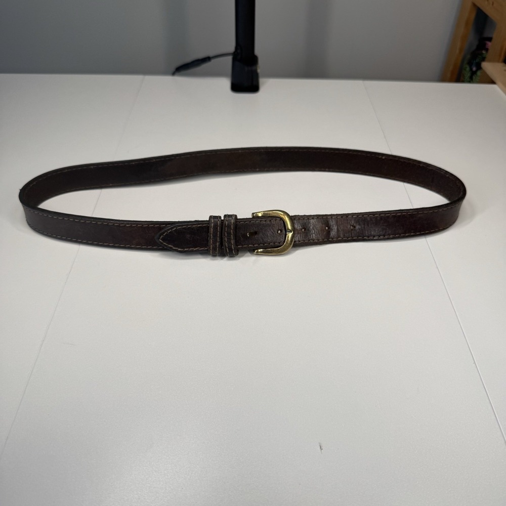 Vintage Made in USA Brown Leather Belt 1" Solid Brass Buckle Womens Size L 1227